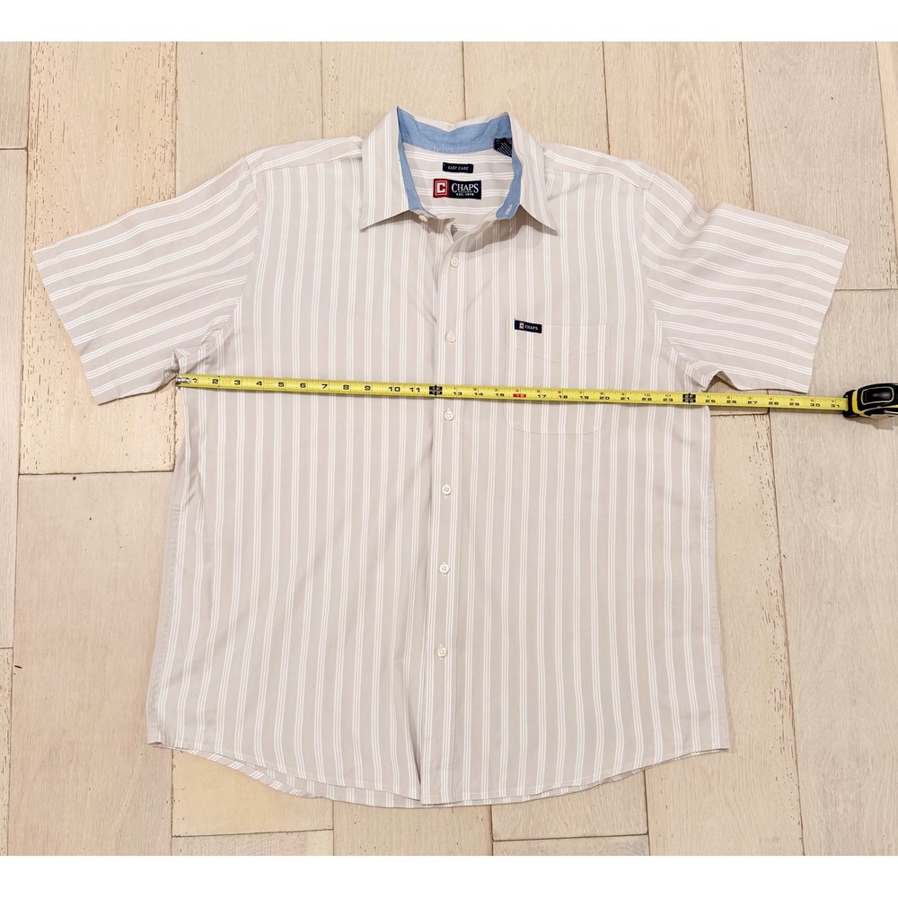 Chaps Mens XL Easy Care Short Sleeve Button Down Shirt Tan White Striped Preppy